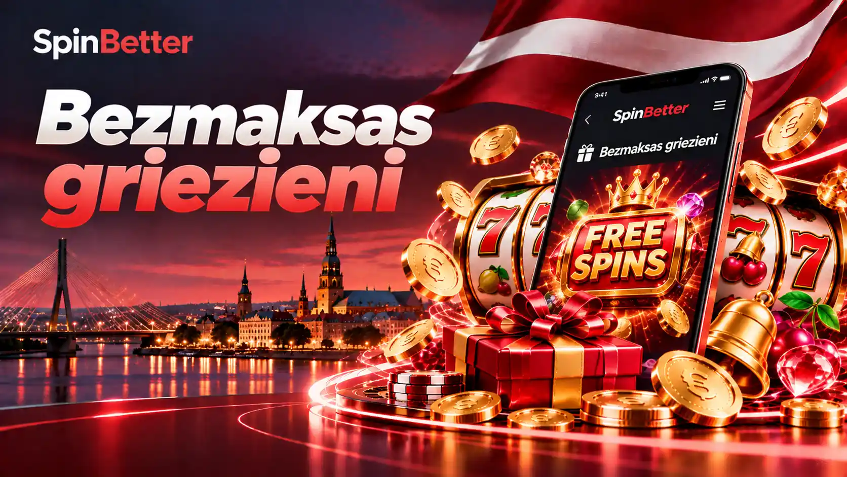 Bezmaksas griezieni SpinBetter lietotnē: spēļu automāts ar uzrakstu Free Spins un dāvanu kaste