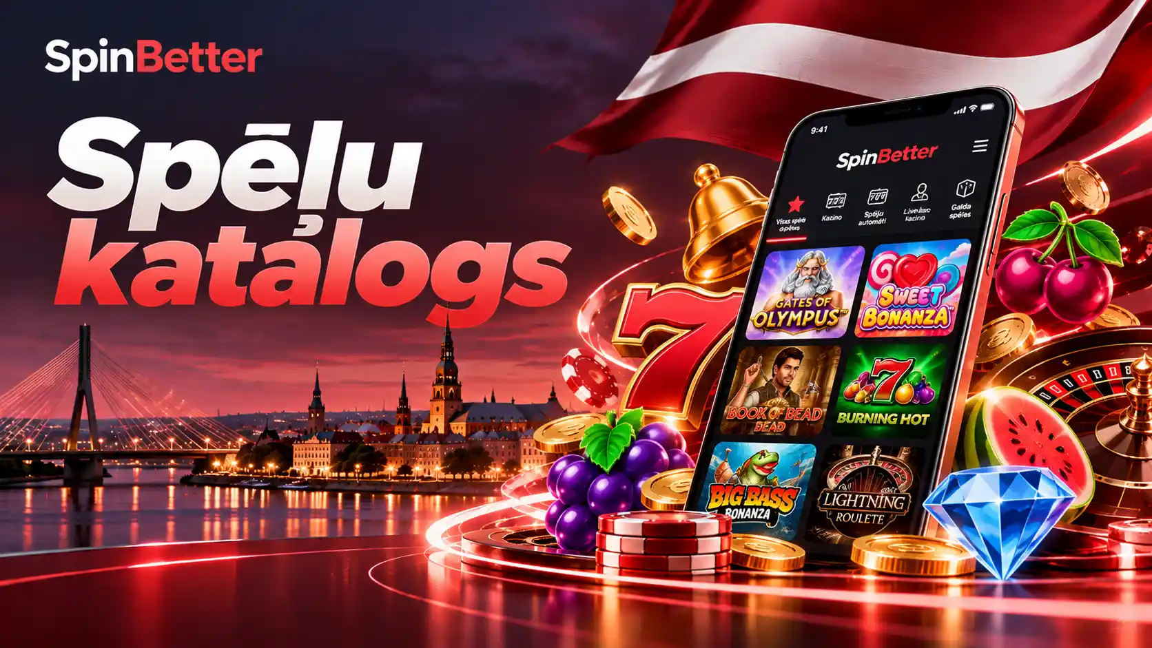 Spēļu katalogs SpinBetter lietotnē: cilnes Kazino, Spēļu automāti, Live kazino un Galda spēles