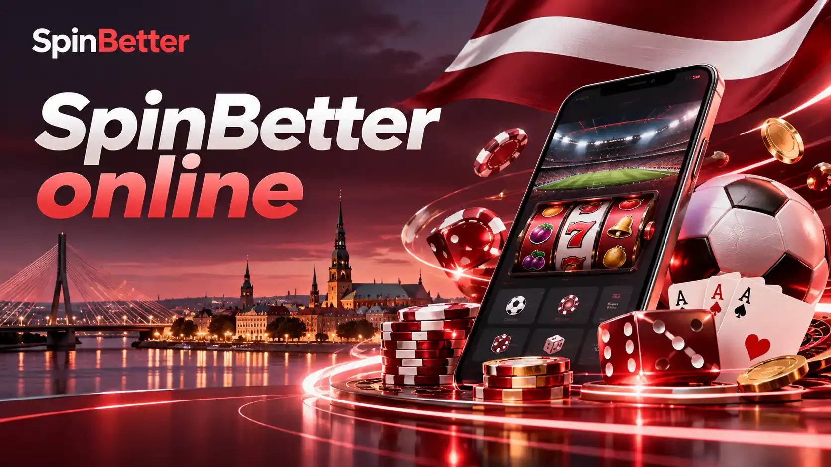 SpinBetter online Latvijā: telefons ar kazino spēlēm uz Rīgas panorāmas fona