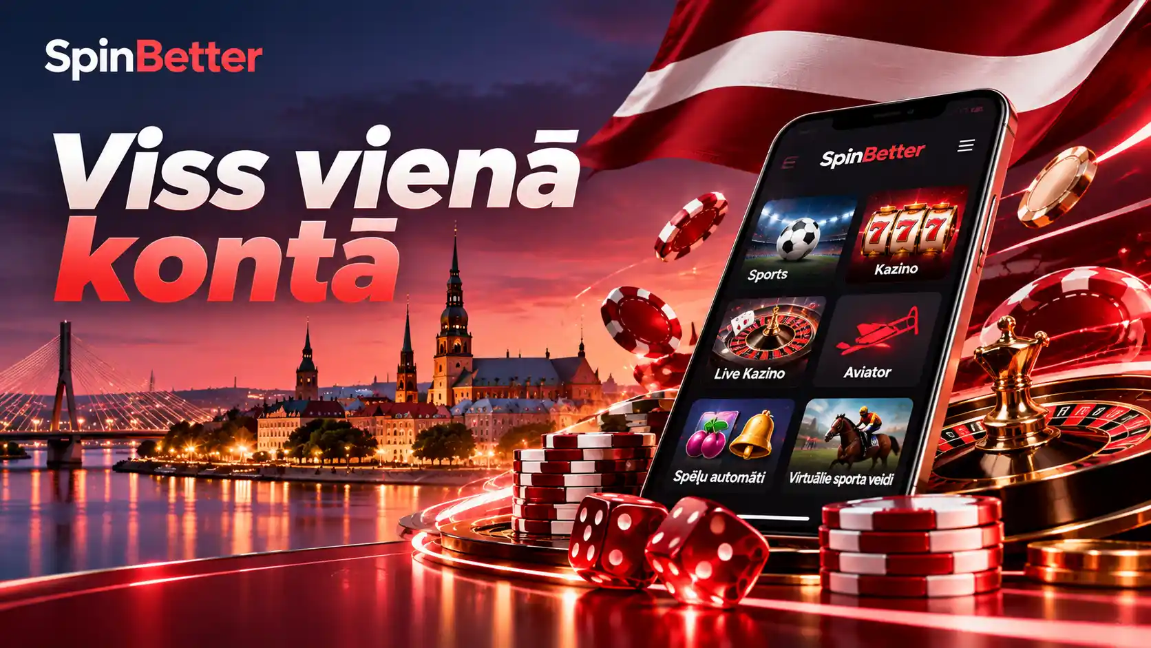 SpinBetter sākuma ekrāns latviešu valodā ar sadaļām Sports, Kazino, Live kazino, Aviator un Spēļu automāti