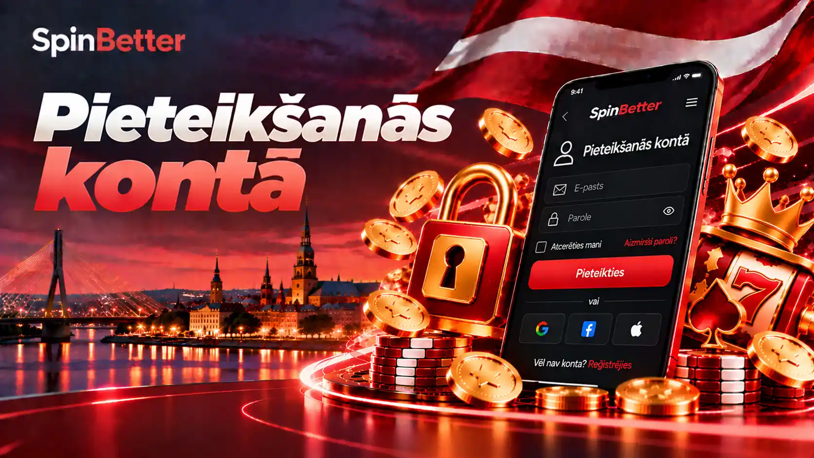 SpinBetter pieteikšanās logs ar e-pasta un paroles laukiem un Google, Facebook, Apple pogām