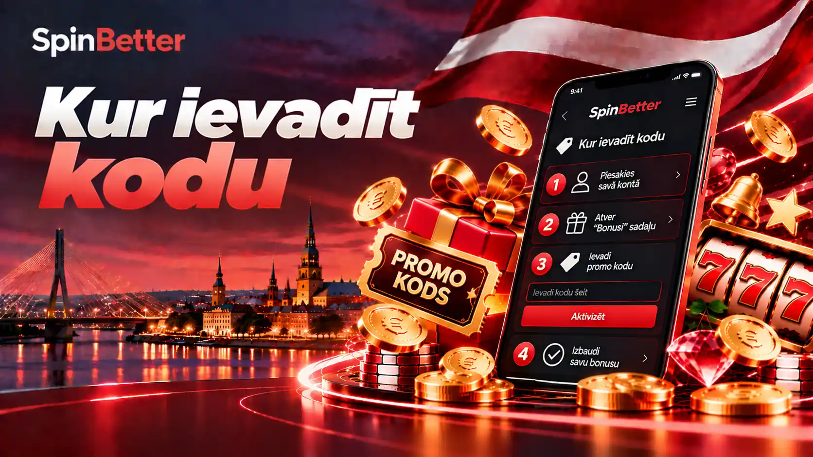 Četri soļi, kā SpinBetter kontā ievadīt promo kodu sadaļā Bonusi